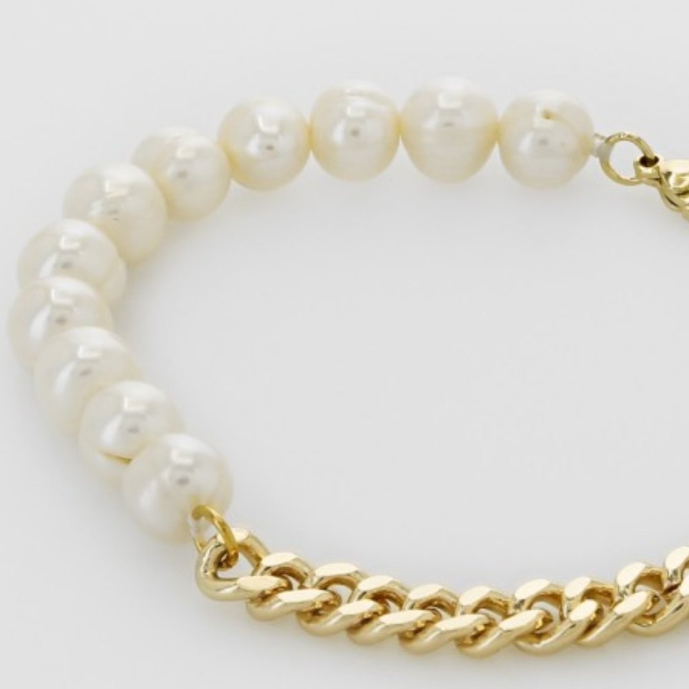 Genuine Freshwater Pearls 18K Gold Curb Bracelet - Picture 3 of 4